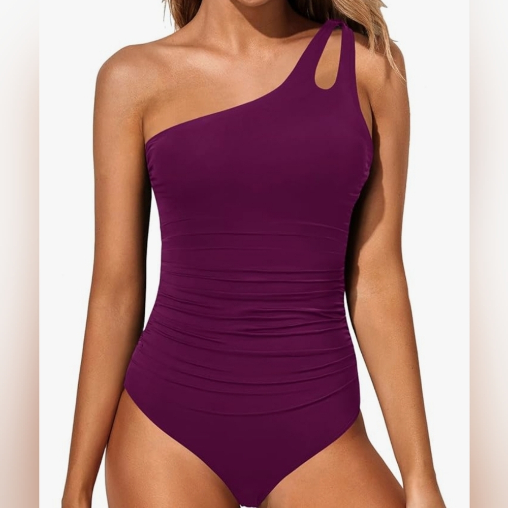 Holipick Wine Color One Shoulder One Piece Swimsuit Bikini Size Small